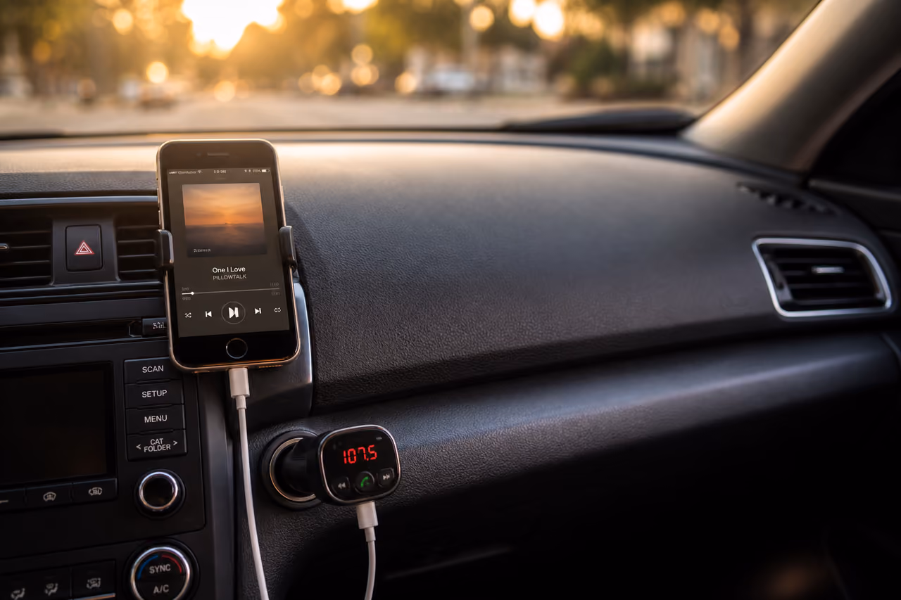 Fm Radio Transmitter Connected to Smartphone in Car Interior