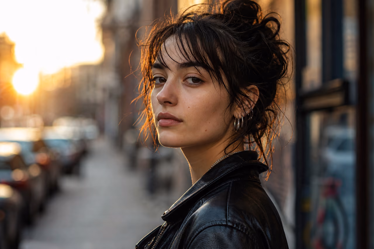 Confident Young Woman Posing in Urban Setting at Sunset