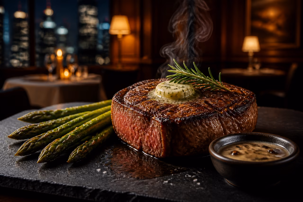 Seared Ribeye Steak Served in an Upscale Downtown Restaurant