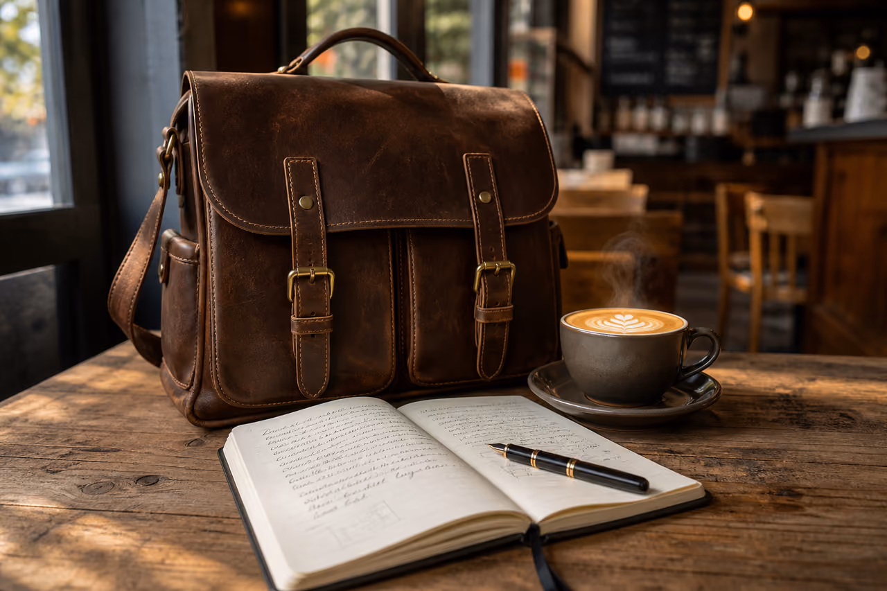 Leather Satchel Backpack on Wooden Table with Coffee