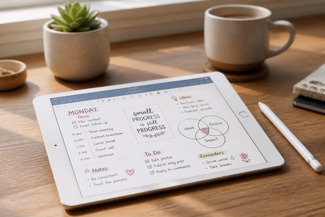 Tablet Displaying Digital Notes on a Wooden Desk