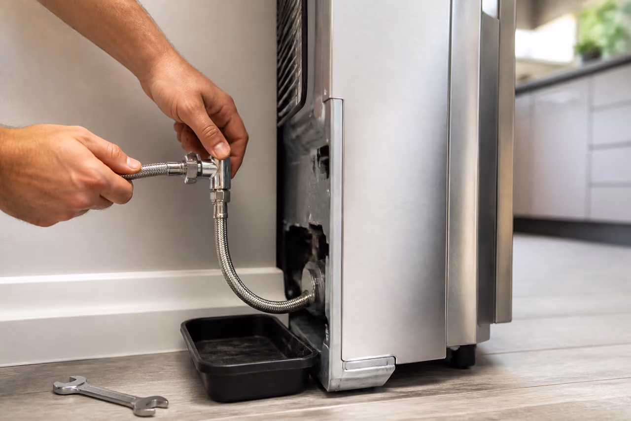 Plumber Installing Water Connection for American Style Refrigerator