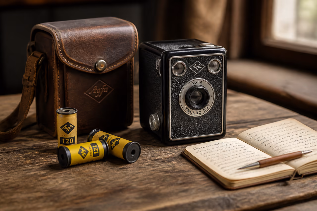Vintage Agfa Box Camera on a Rustic Wooden Table