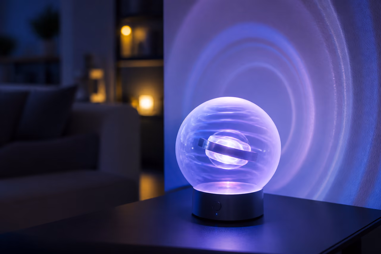 Modern LED Rotating Ball Lamp on a Dark Side Table