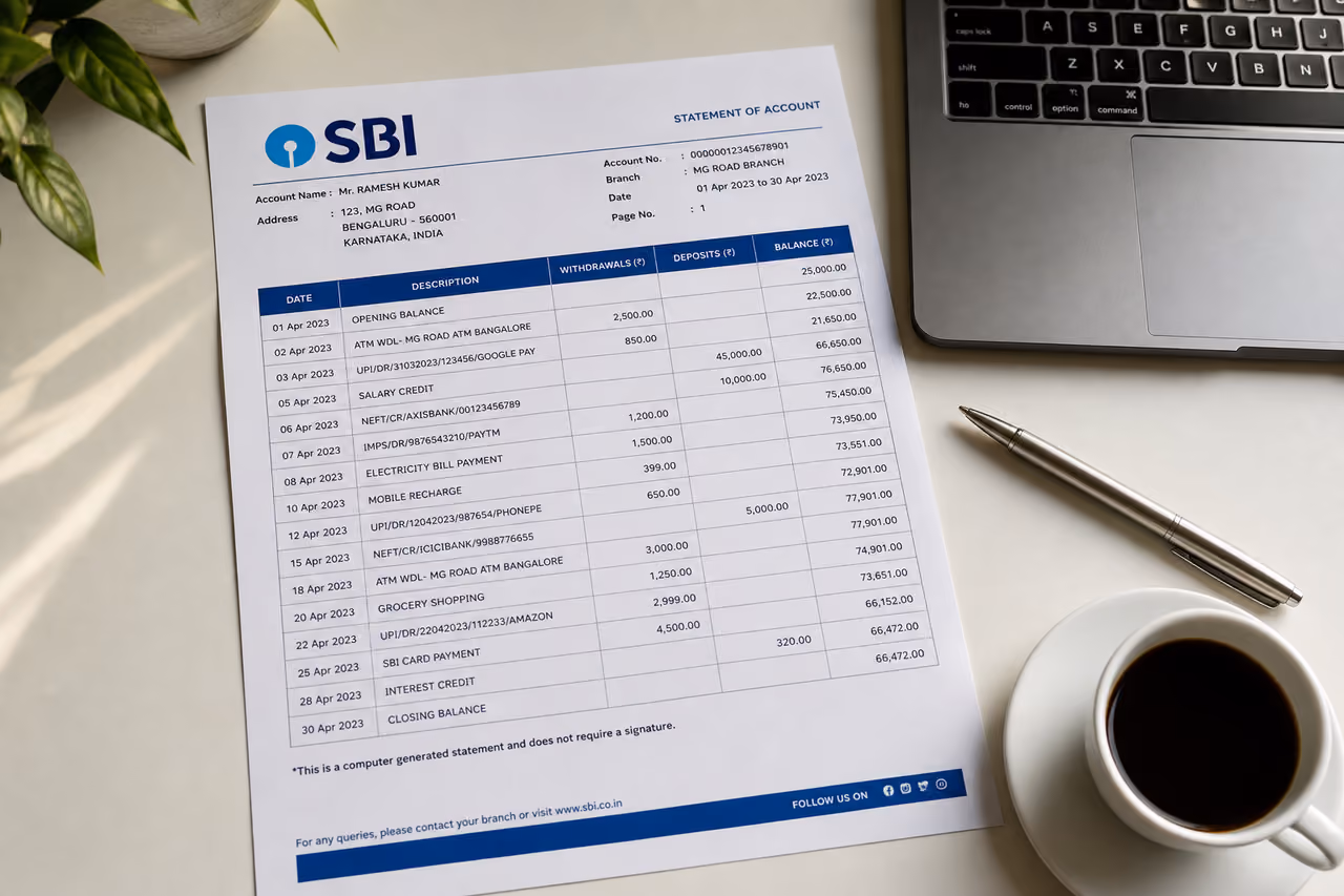 Printed Bank Statement and Laptop on Office Desk