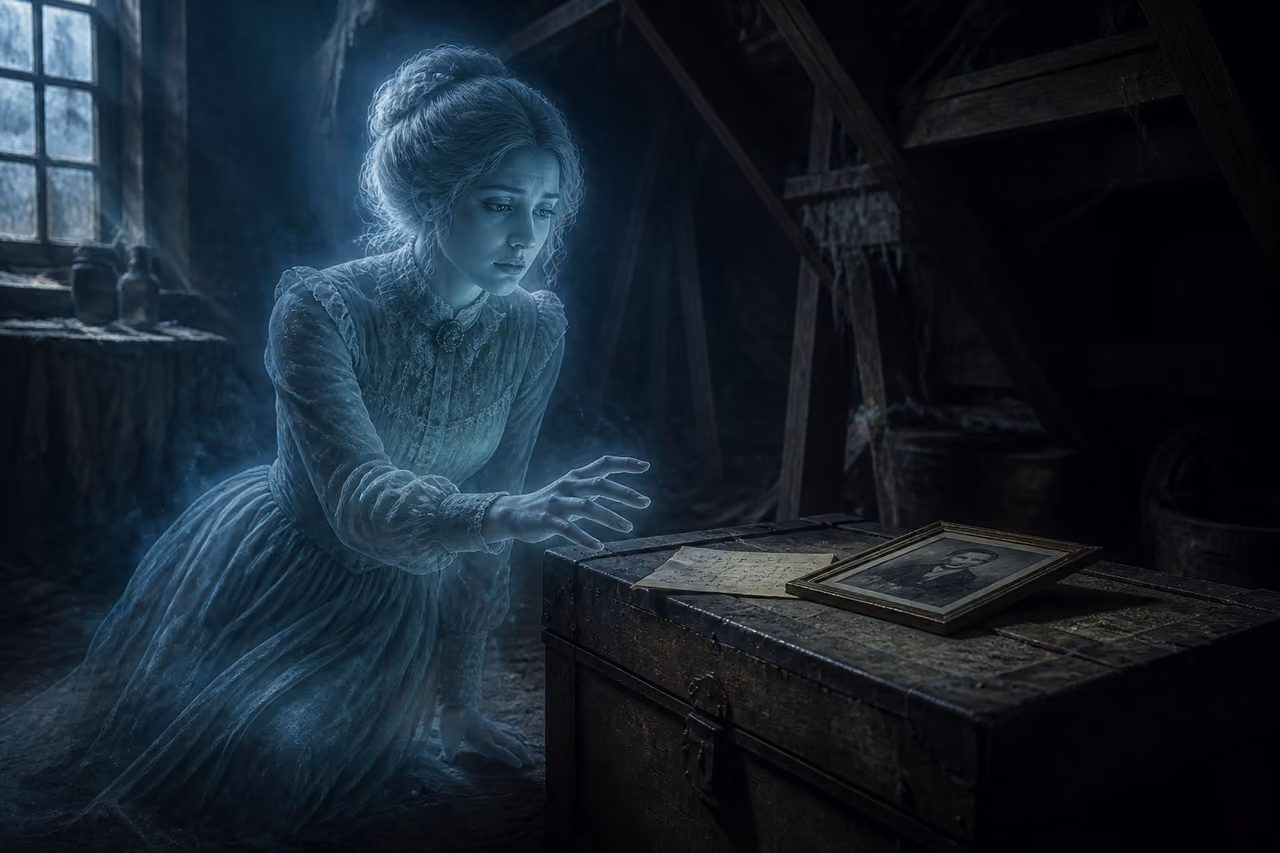 Spectral Woman Reaching for Old Letter in Dusty Attic
