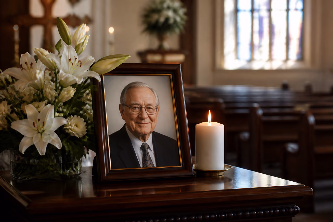Memorial Portrait and White Lilies in a Quiet Chapel