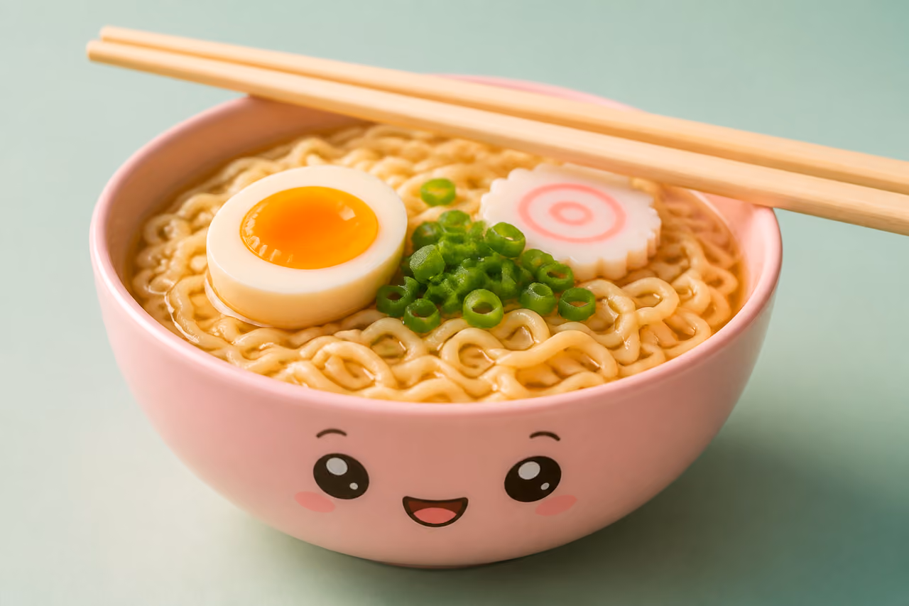 Cute Kawaii Noodle Bowl with Ramen and Chopsticks