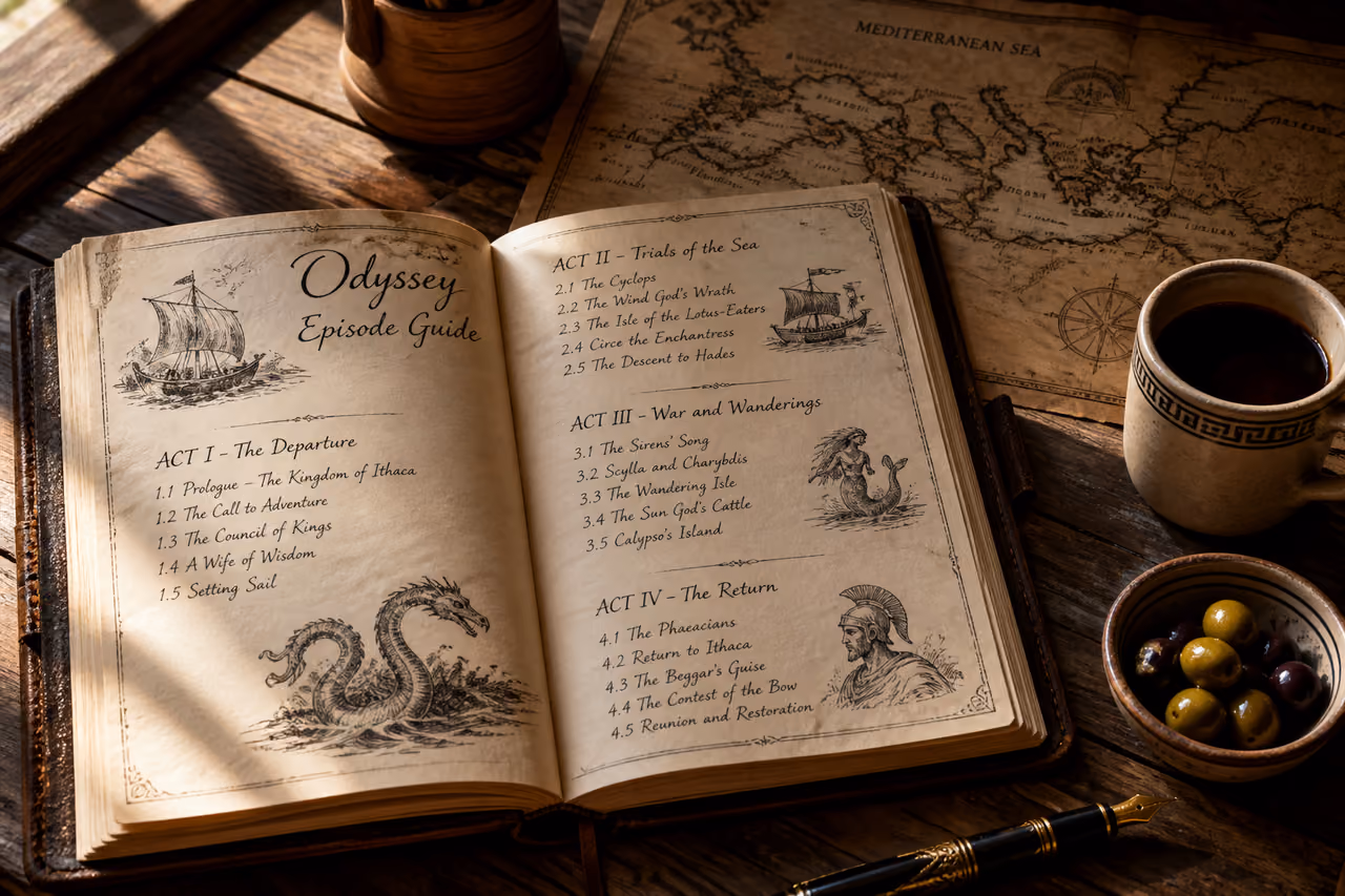 Handwritten Odyssey Episode Guide in a Leather Journal