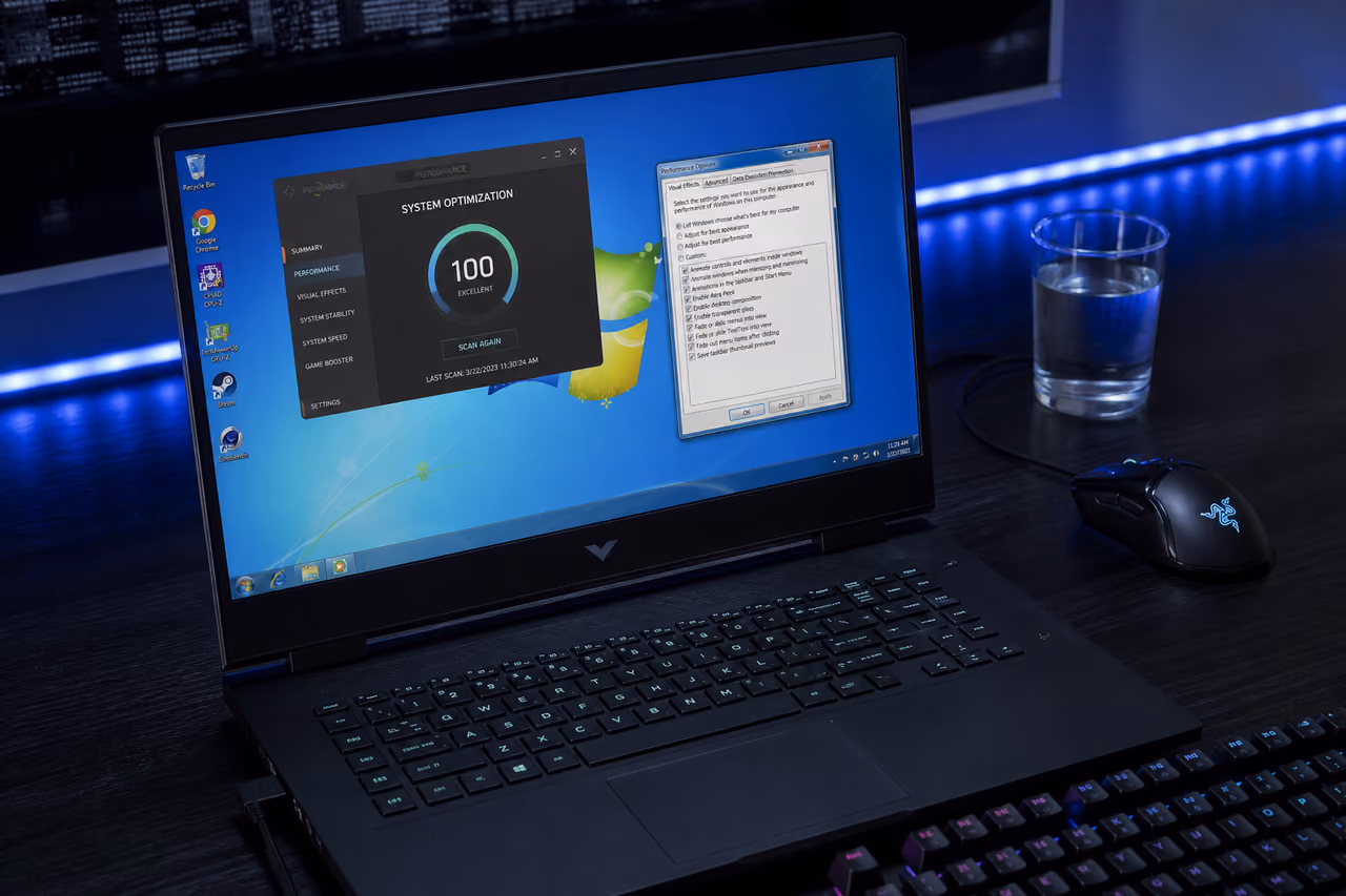 Gaming Laptop Displaying Windows 7 System Optimization Settings
