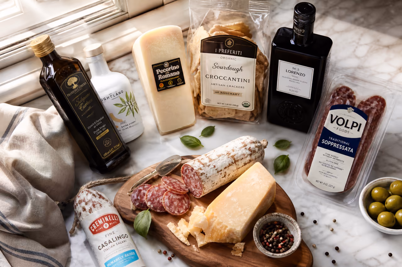 Assortment of Gourmet Food Products on a Marble Countertop