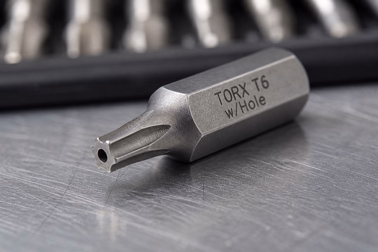 Torx T6 with Hole Security Bit on Metal Surface