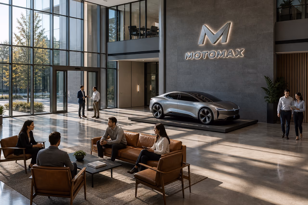 Modern Corporate Lobby of Motomax Company with Concept Car