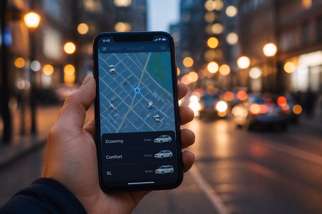 Checking Rideshare Navigation Map on Smartphone on Evening City Street