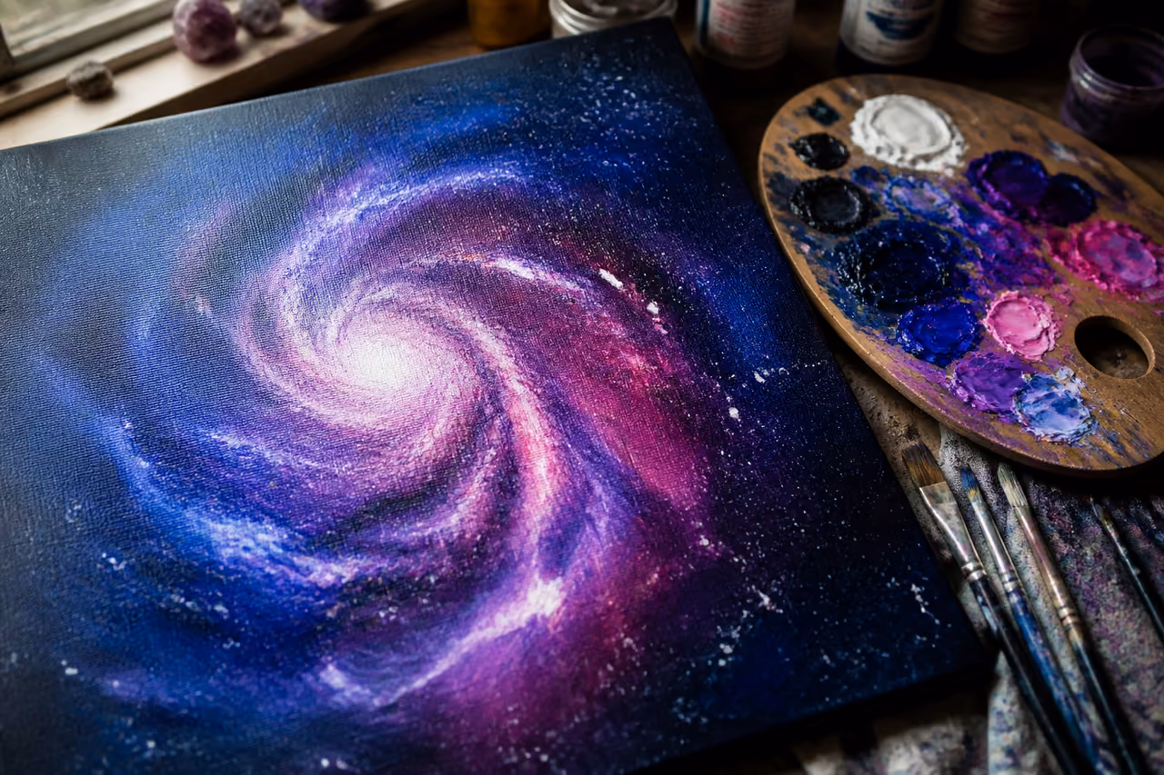 Artist Painting a Simple Galaxy on Textured Canvas