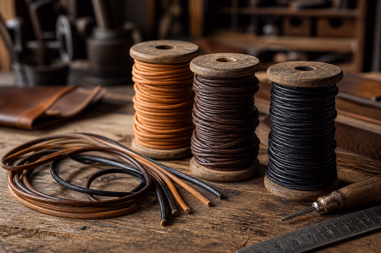 Spools of Natural Leather String on a Rustic Workbench