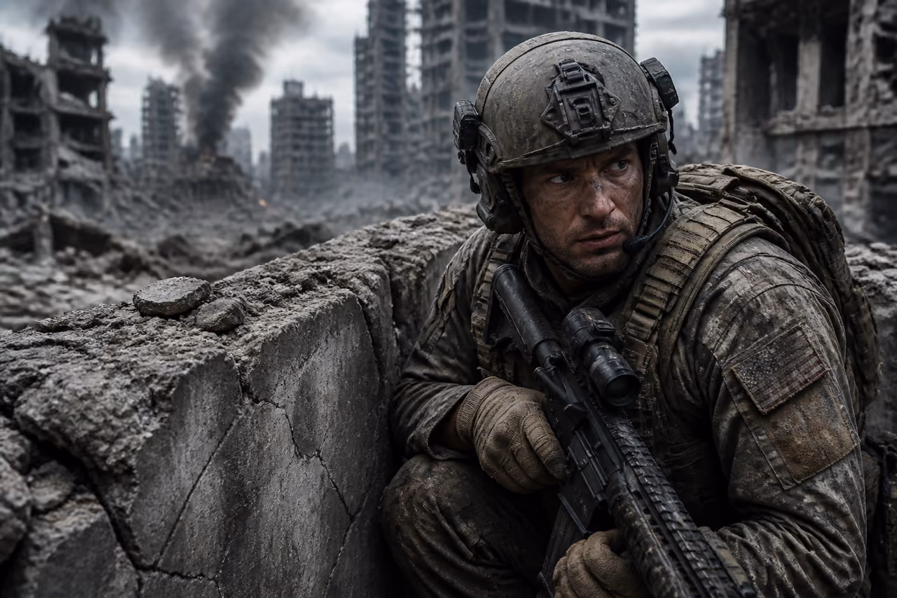 Lone Soldier Crouching Behind Concrete Barrier in Ruined City