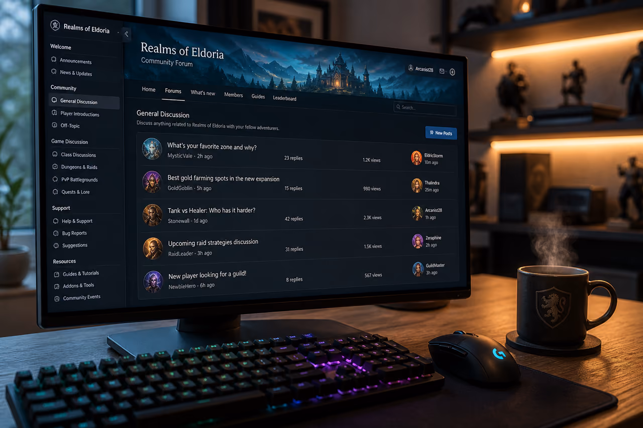 Gaming Monitor Displaying a Fantasy Game Community Forum