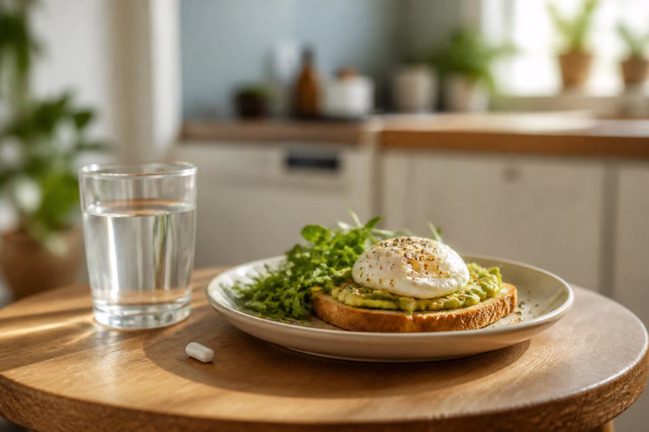 Prescription Pill Next to Healthy Breakfast and Water
