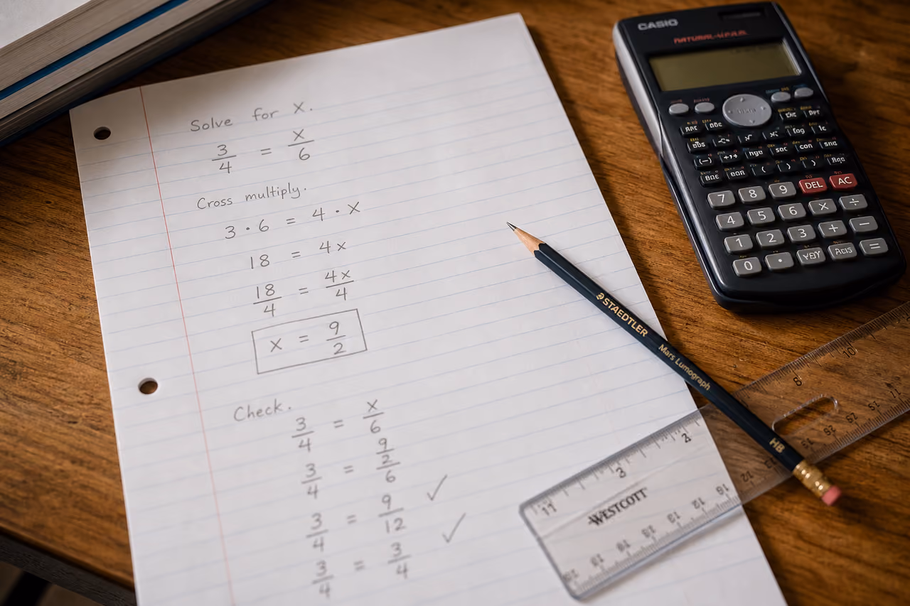 Student Solving Algebra Proportions on Notebook Paper