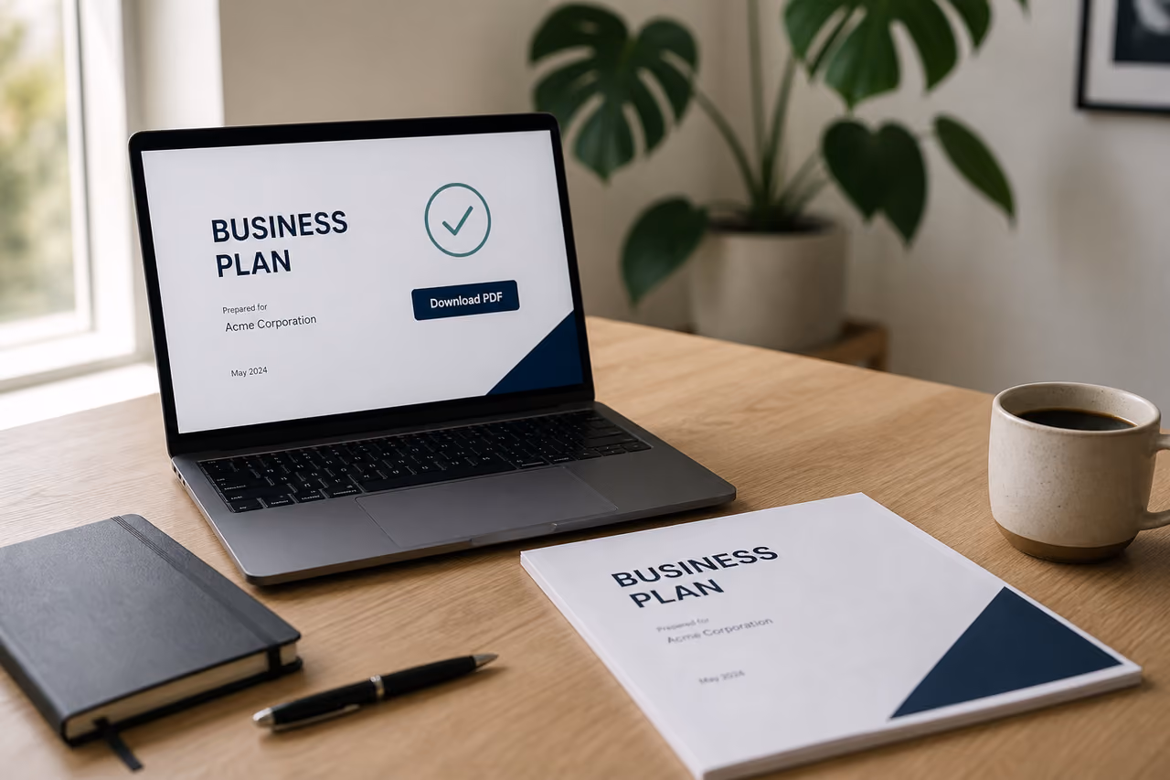 Laptop Displaying Business PDF Download on Modern Office Desk