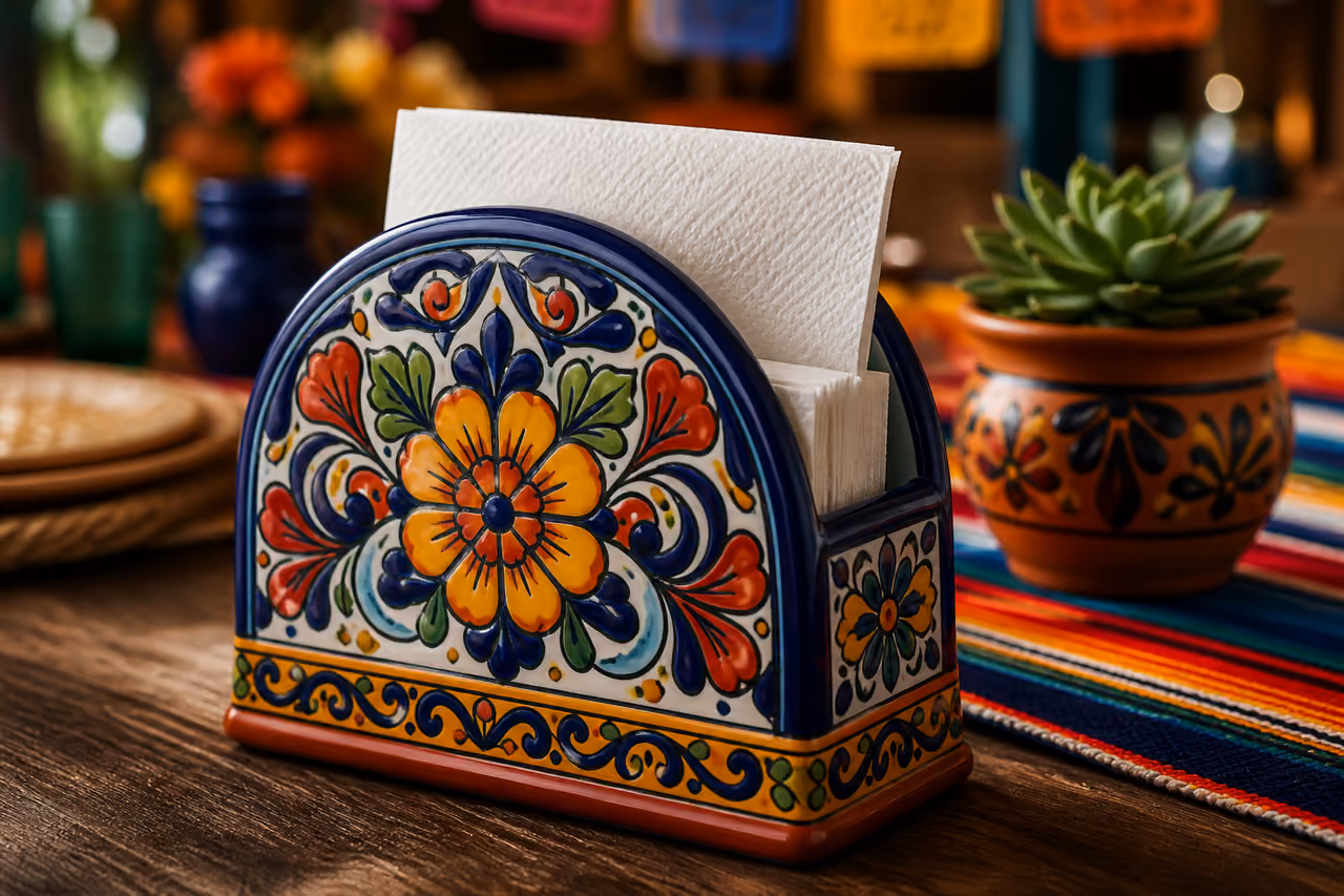 Ceramic Fiesta Napkin Dispenser on a Rustic Wooden Table