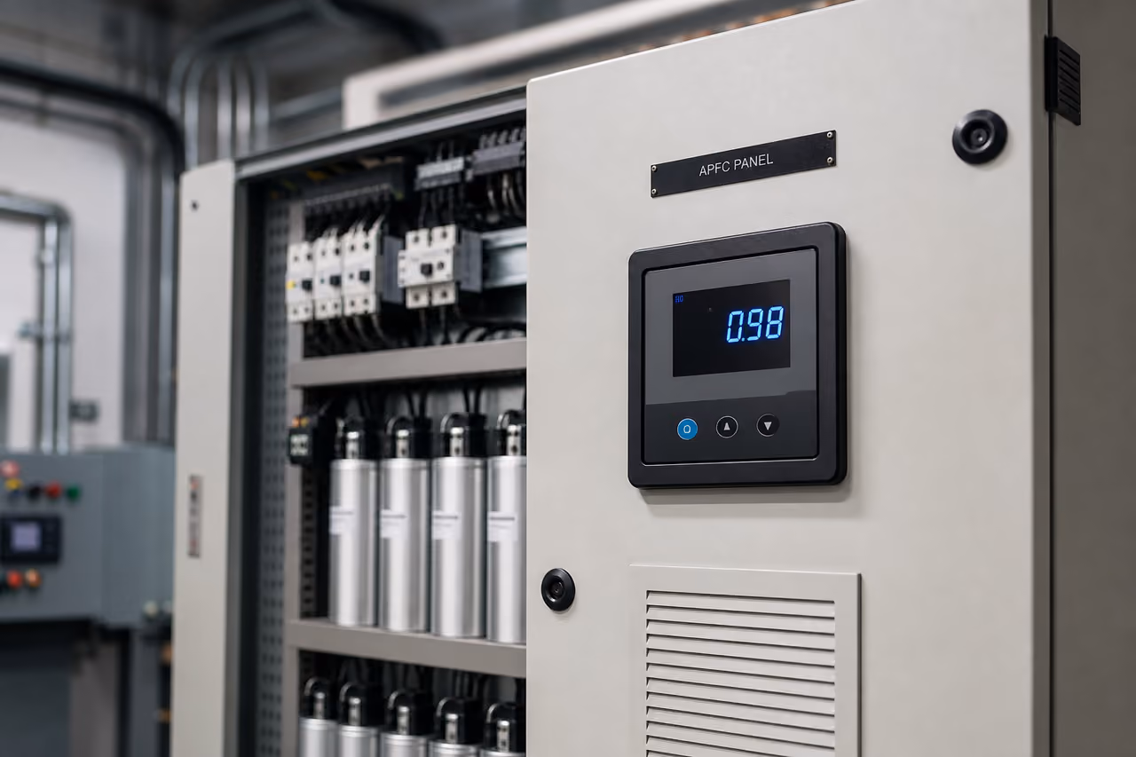 Industrial Automatic Power Factor Correction Panel in Electrical Room