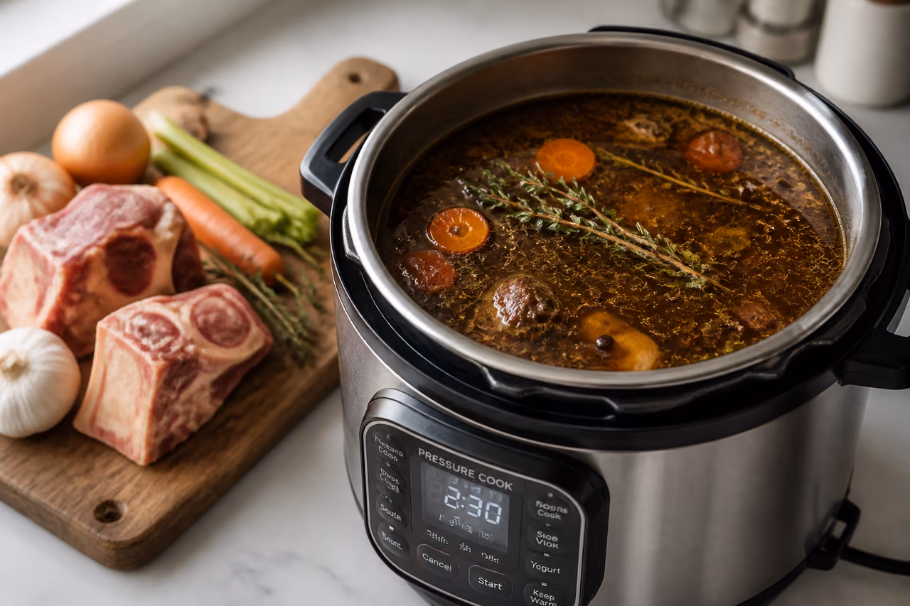 Rich Beef Stock Simmering in a Multifunctional Kitchen Appliance
