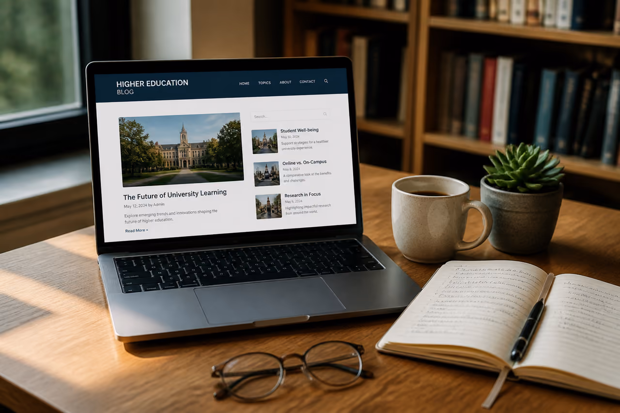 Laptop Displaying a Higher Education Blog on a Student Desk