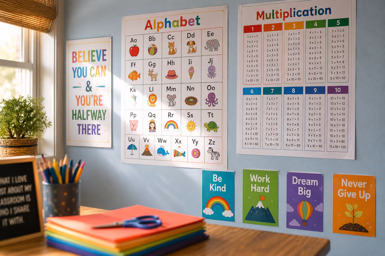 Educational Printable Posters Displayed on a Classroom Wall