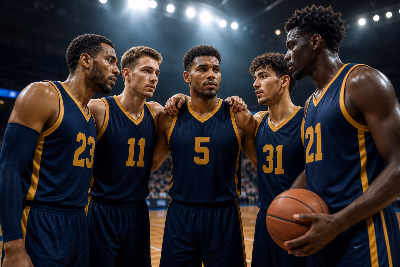 Western Basketball Team Posing on an Indoor Hardwood Court