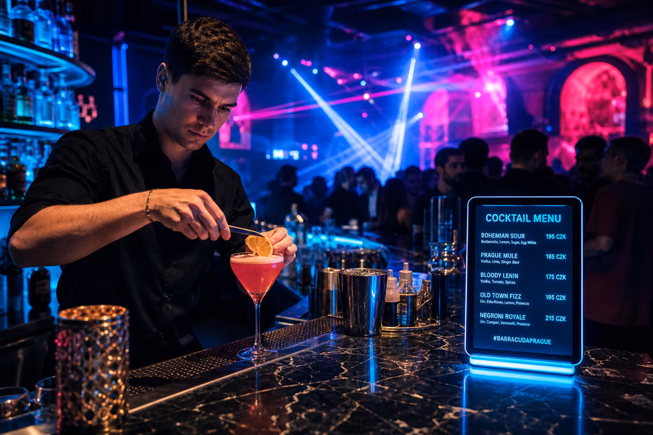 Illuminated Bar Menu and Cocktail Display in a Prague Nightclub