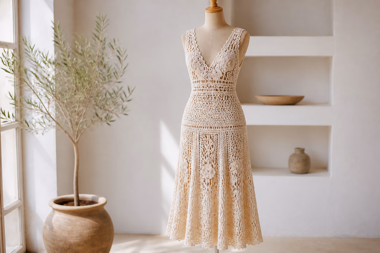 Bohemian Cream Crochet Dress on Wooden Mannequin