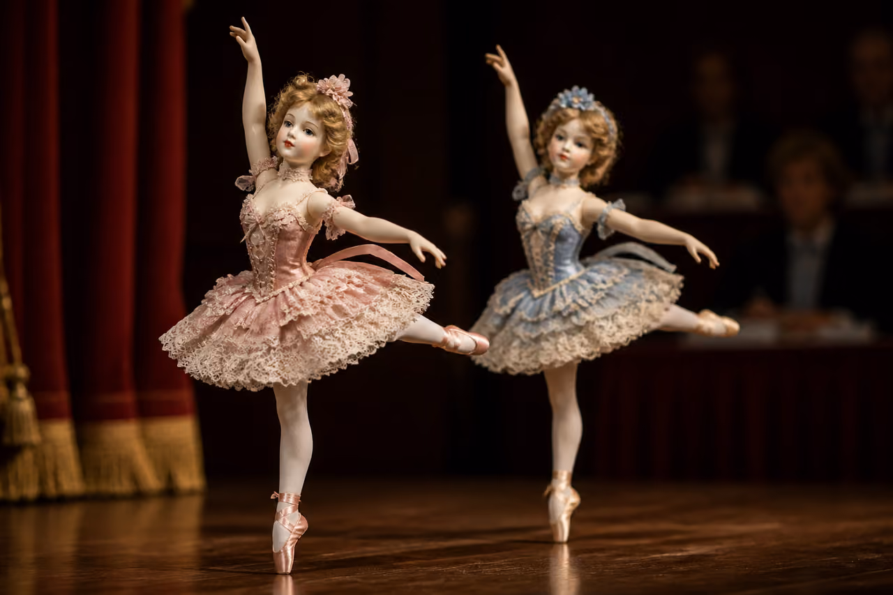Porcelain Ballerina Dolls Performing on a Miniature Competition Stage