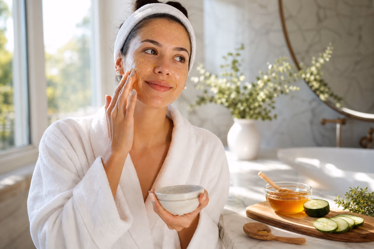 Woman Applying Natural Face Mask in Bright Bathroom