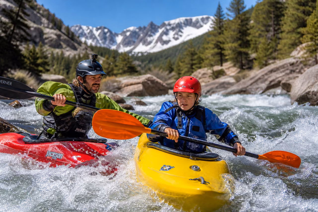 Instructor Guiding Student During White Water Kayaking Lesson in Colorado