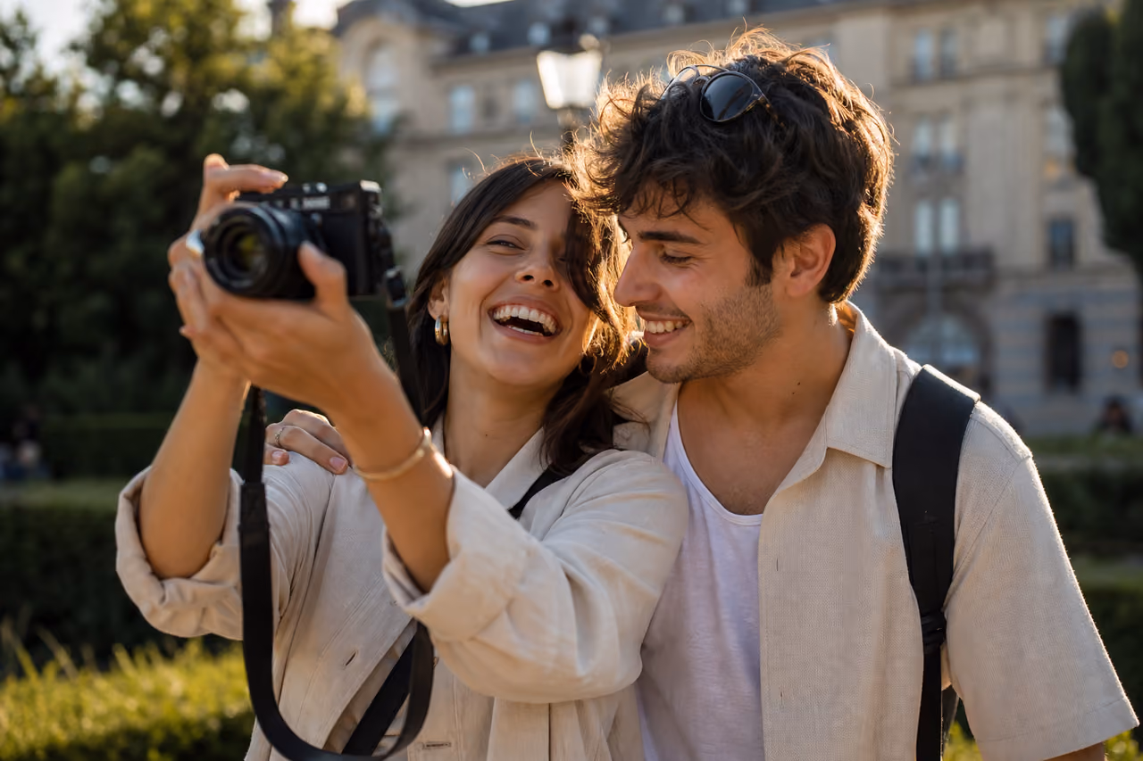 Young Couple Taking a Selfie in a Sunny Urban Park