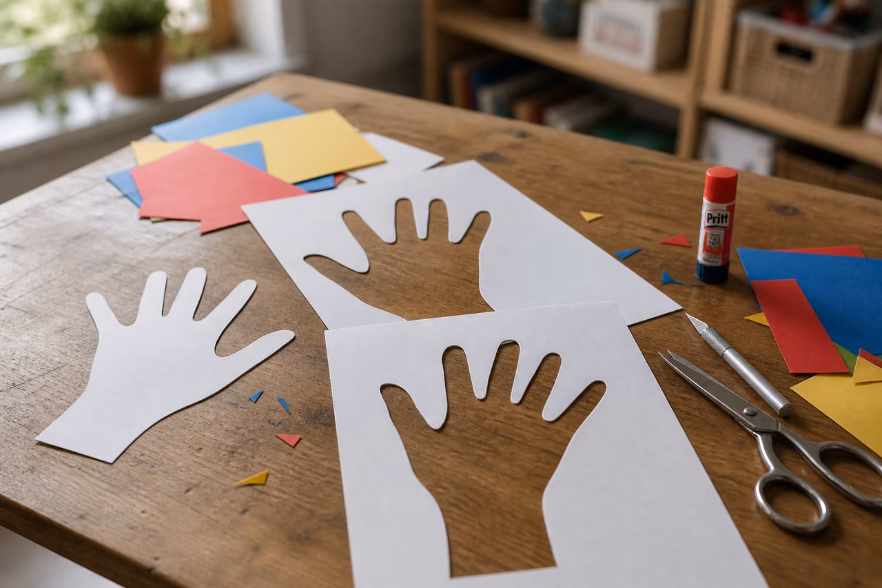 Paper Hand Silhouettes and Crafting Tools on Wooden Table