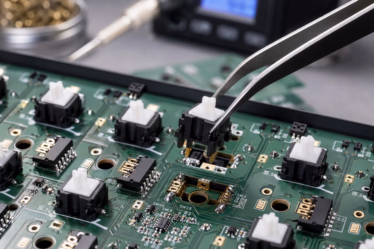 Precision Tweezers Removing Switch from Hot Swap Circuit Pcb