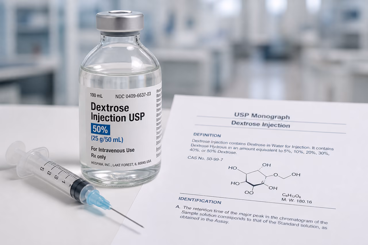 Dextrose Injection Vial and Usp Monograph on Laboratory Bench