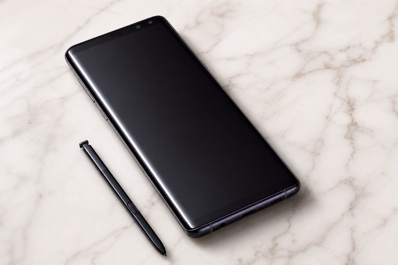 Note Galaxy Note 8 Smartphone and Stylus on Marble Surface