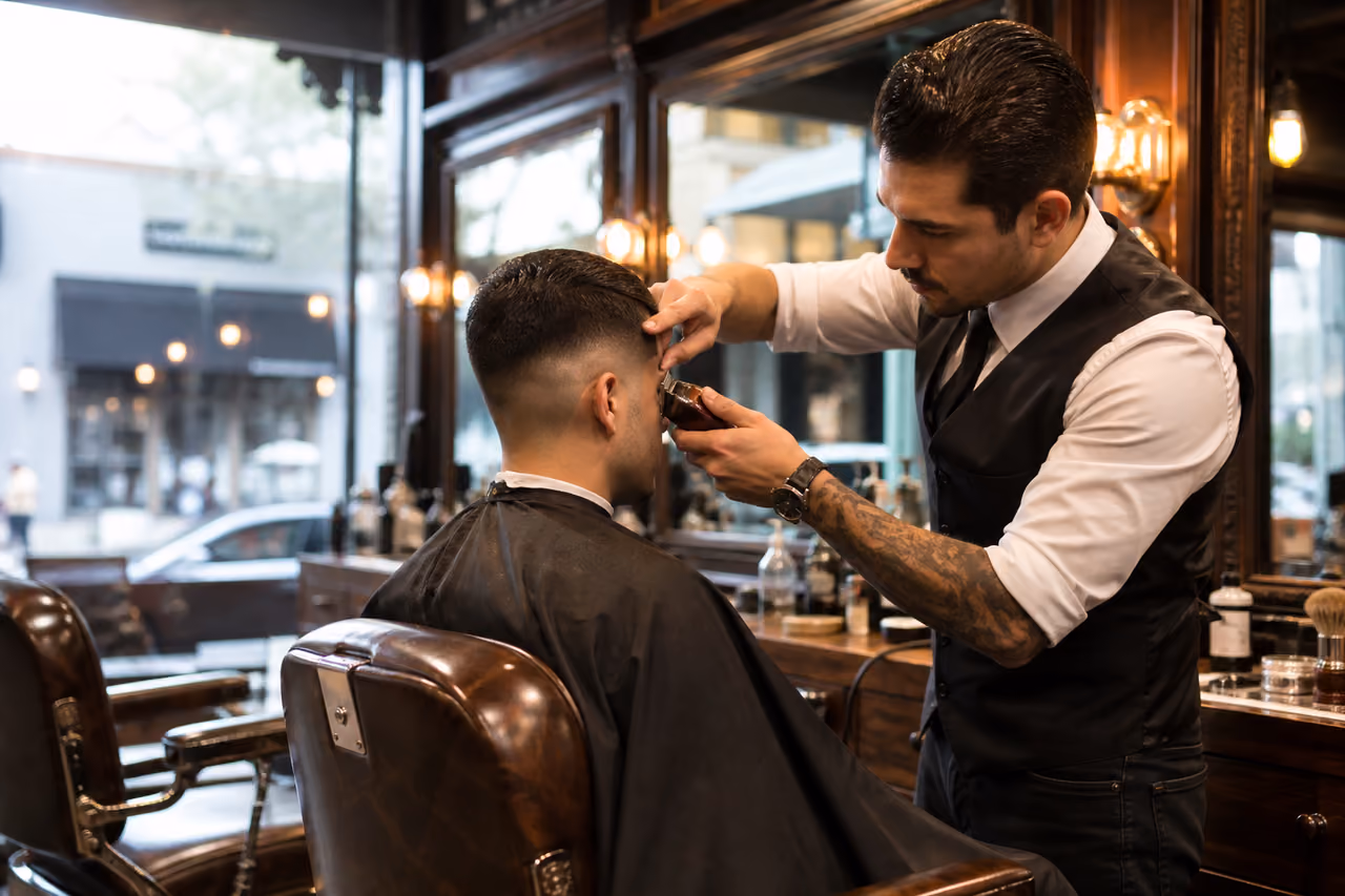 Professional Barber Giving a Precision Haircut in Modern Shop