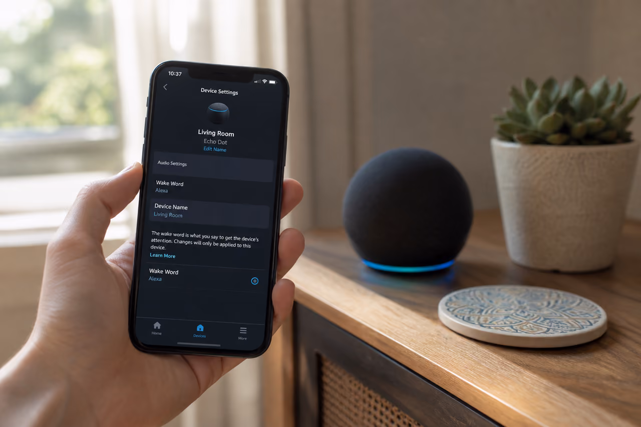 Person Using Smartphone to Customize Smart Speaker Settings