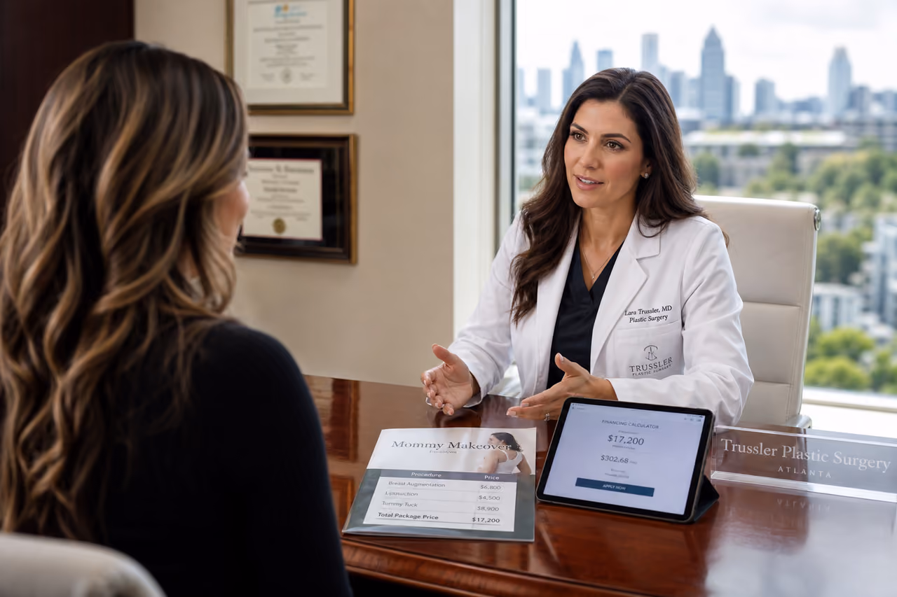 Patient Consulting with Surgeon Regarding Mommy Makeover Costs