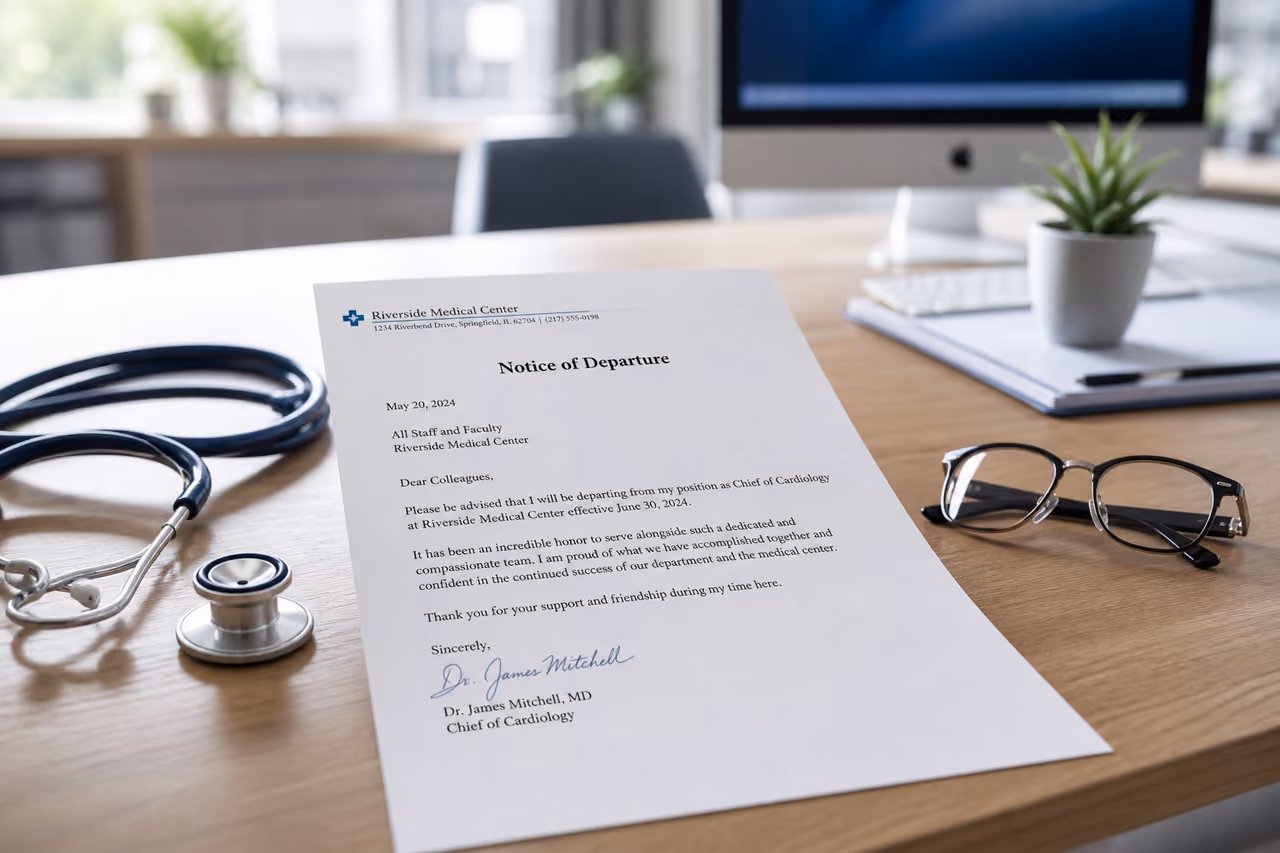 Formal Departure Letter on a Doctor's Desk with Stethoscope