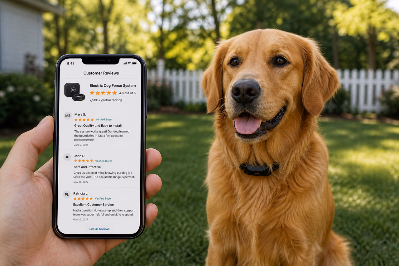 Person Reading Electric Dog Fence Reviews in a Backyard