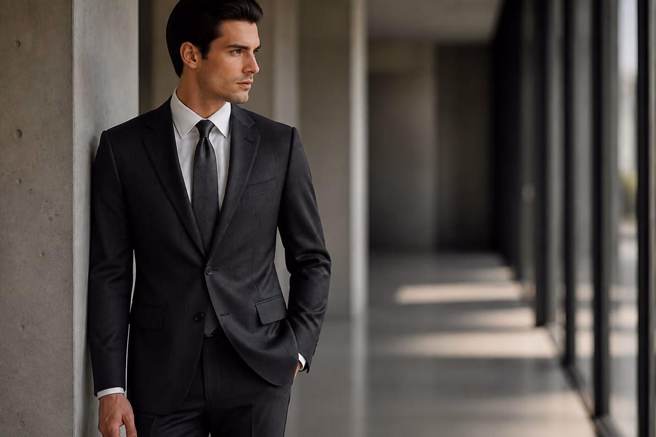 Man Wearing a Tailored Dior Mens Suit in Modern Hallway