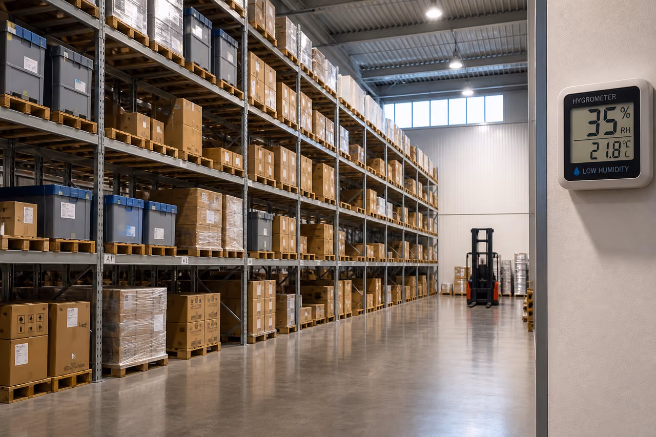 Organized Industrial Shelving in a Climate Controlled Dry Storage Area
