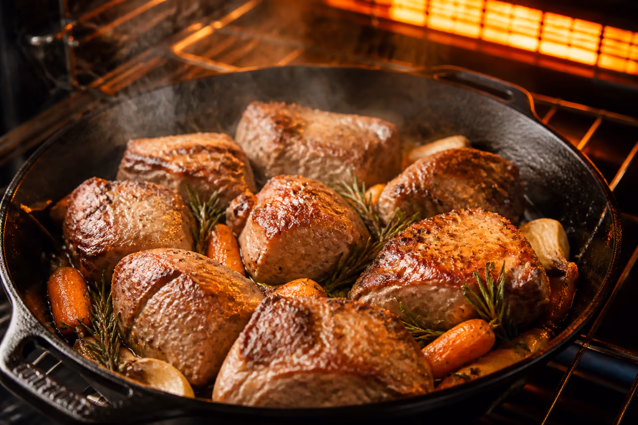 Seasoned Pork Chunks Roasting in a Cast Iron Skillet