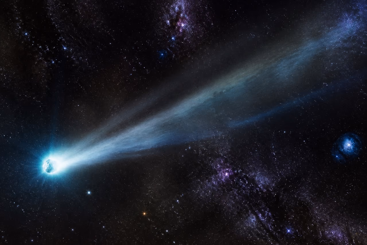 Bright Comet with Glowing Tail in Deep Space